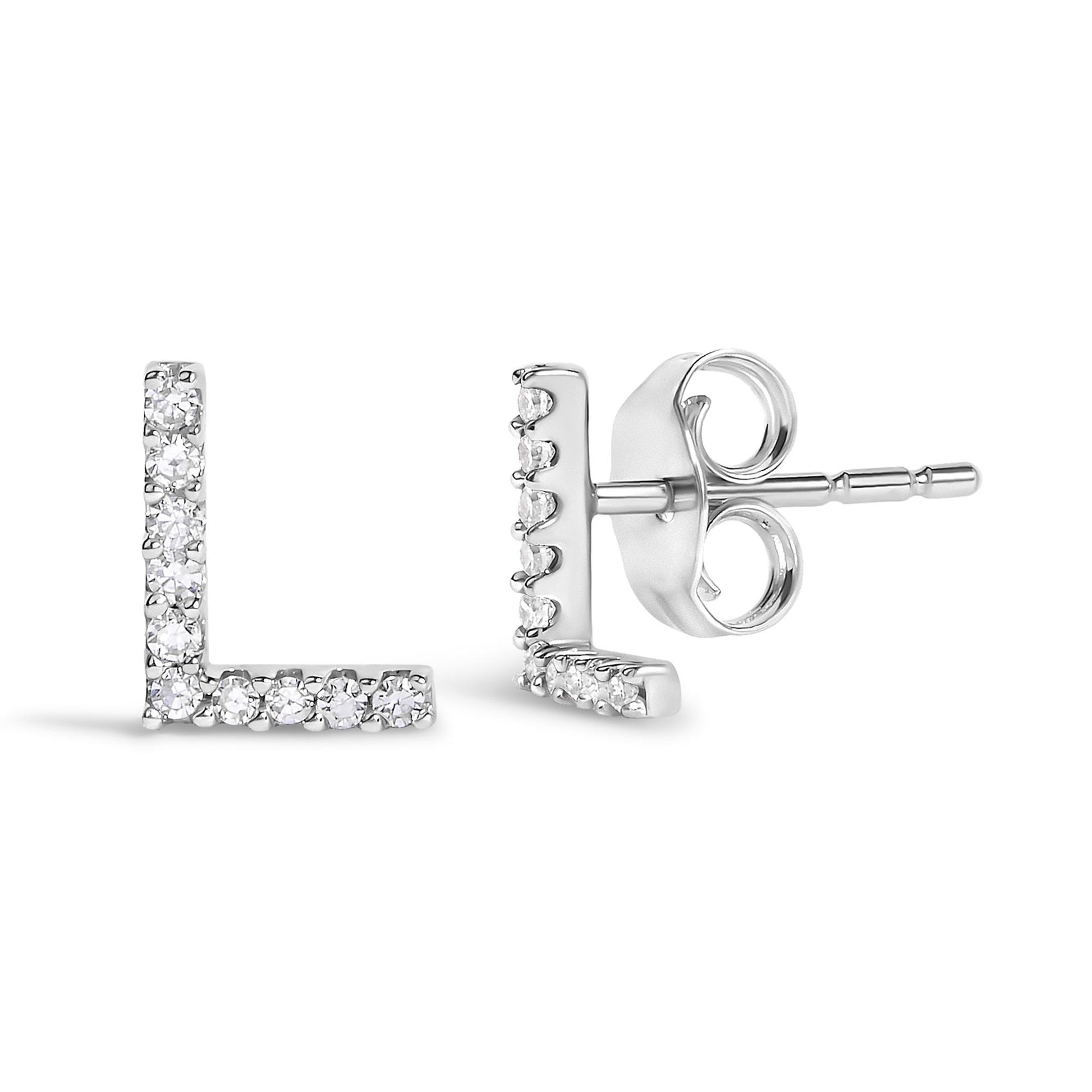 Close-up front and side view of a pair of white earrings shaped like the letter 'L' set with small round white gemstones in a micro-pave setting.