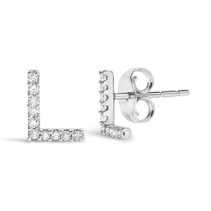 Close-up front and side view of a pair of white earrings shaped like the letter 'L' set with small round white gemstones in a micro-pave setting.