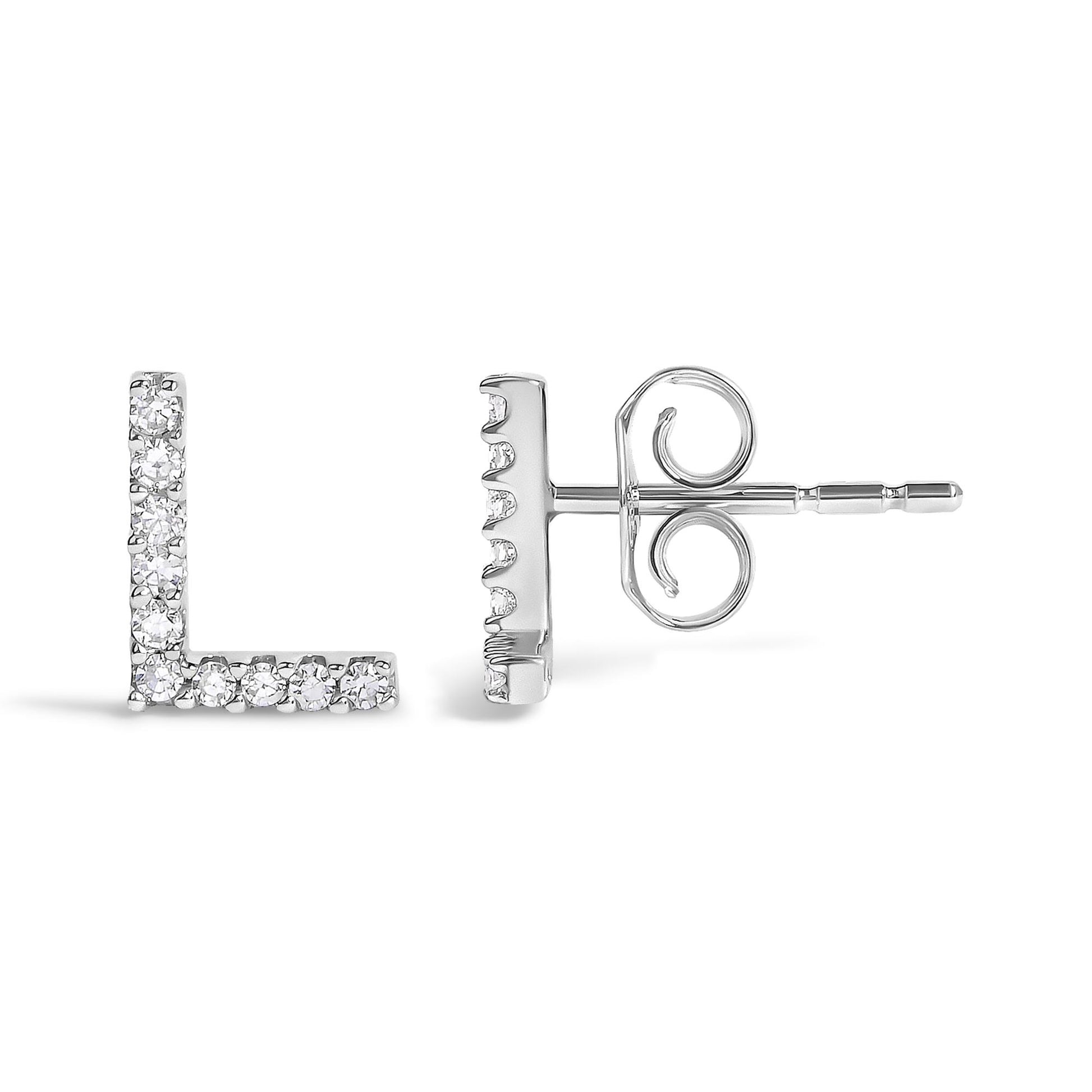 Close-up image of a pair of white metal L-shaped stud earrings adorned with small round white gemstones in micro-pave setting, shown from front and side angles on a white background.