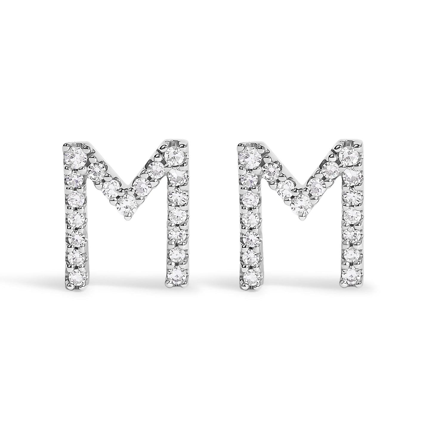 Front view of a pair of white metal earrings shaped like the letter M, each adorned with round white gemstones in a micro-pave setting.