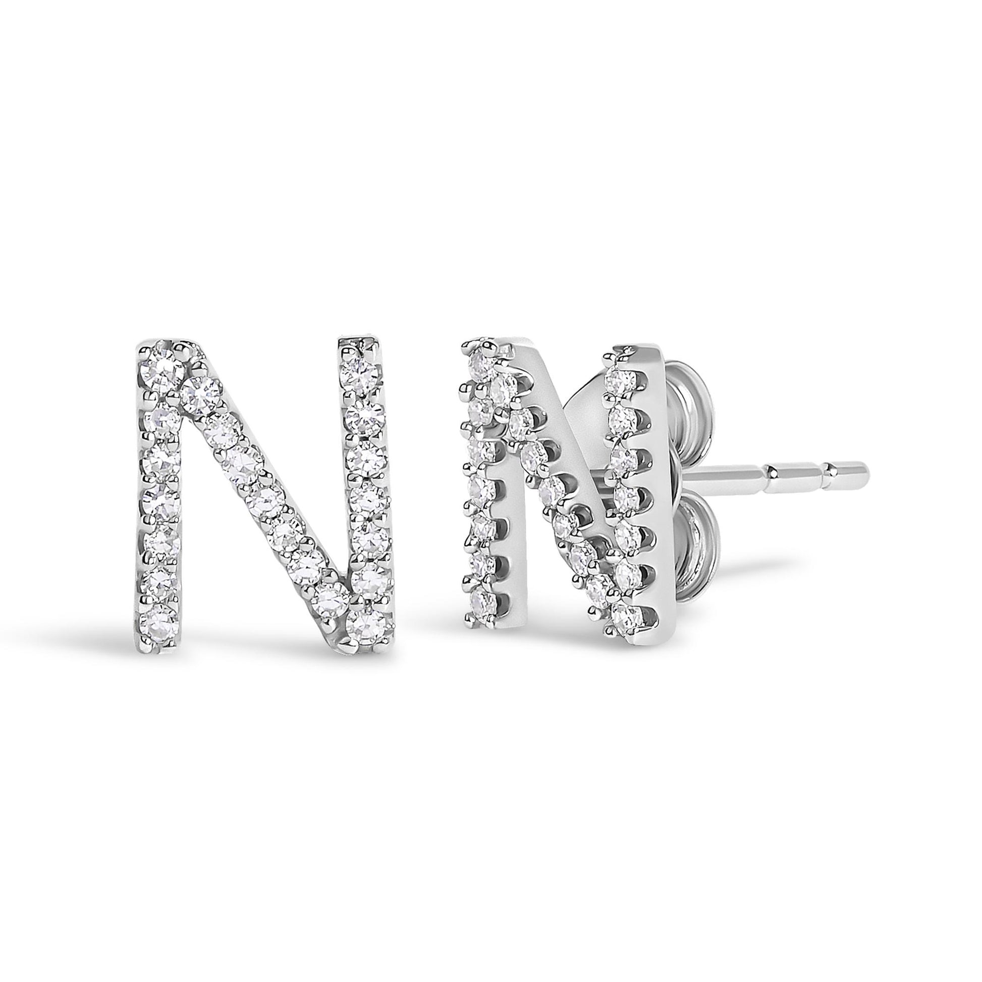 Close-up front and side view of a pair of white metal stud earrings shaped as the letter N, adorned with round white gemstones in a micro-pave setting.