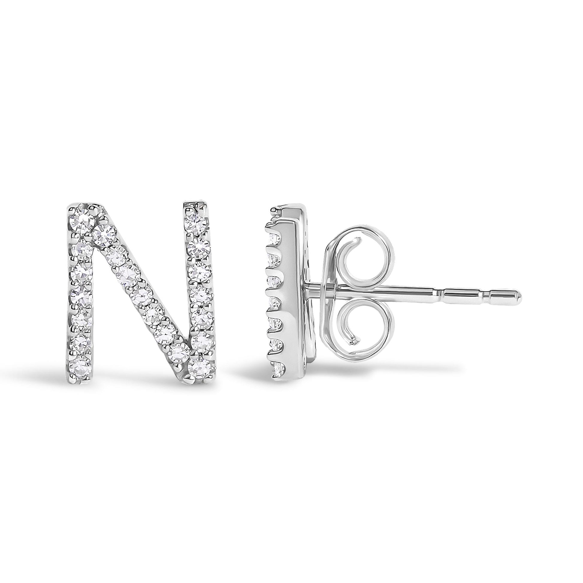 Close-up front and side view of a white metal earring shaped like the letter N, adorned with small round white gemstones in a micro-pave setting.