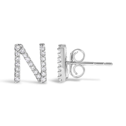 Close-up front and side view of a white metal earring shaped like the letter N, adorned with small round white gemstones in a micro-pave setting.