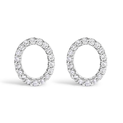Pair of white circular open hoop earrings with round white gemstones in a micro-pave setting, shown from the front angle on a white background.