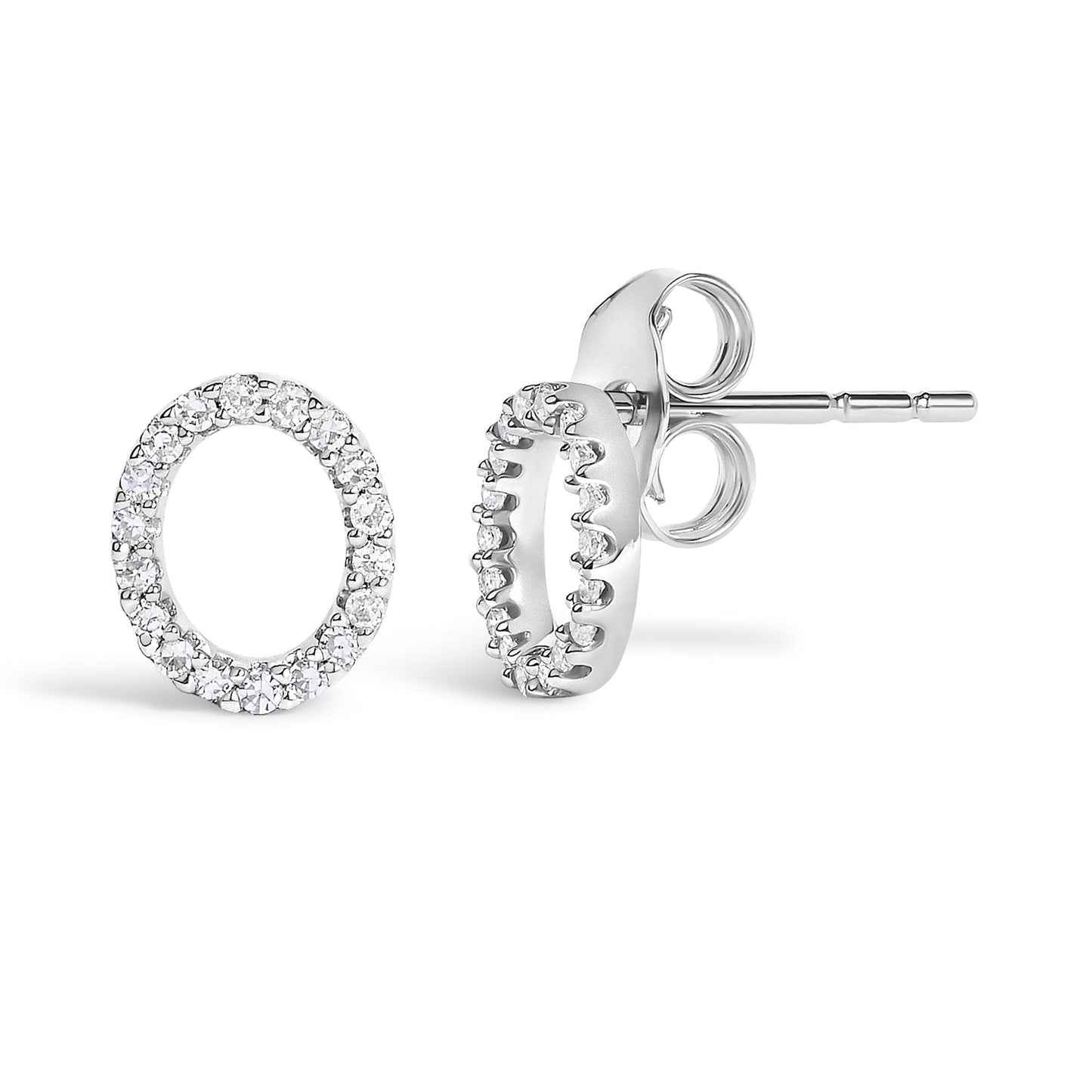 Close-up front and side view of round white metal open circle stud earrings with micro-pave white gemstones, shown on a white background.