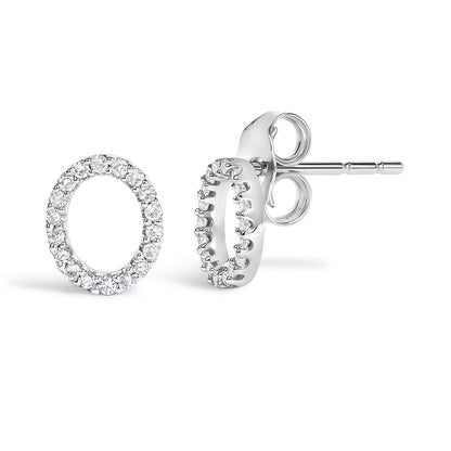 Close-up front and side view of round white metal open circle stud earrings with micro-pave white gemstones, shown on a white background.