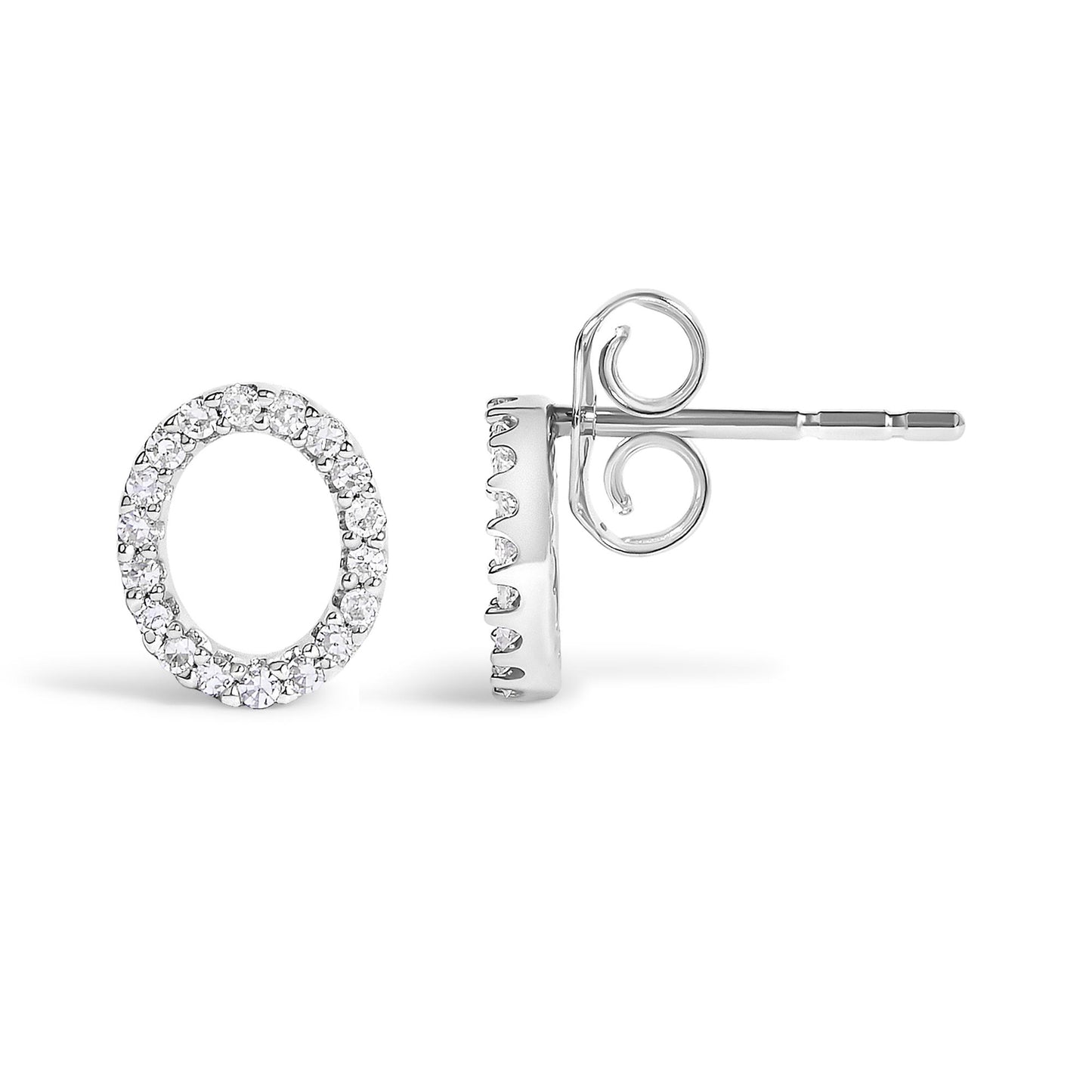 Pair of white metal round open hoop earrings with white gemstones in micro-pave setting, shown in a front and side angle on a white background.