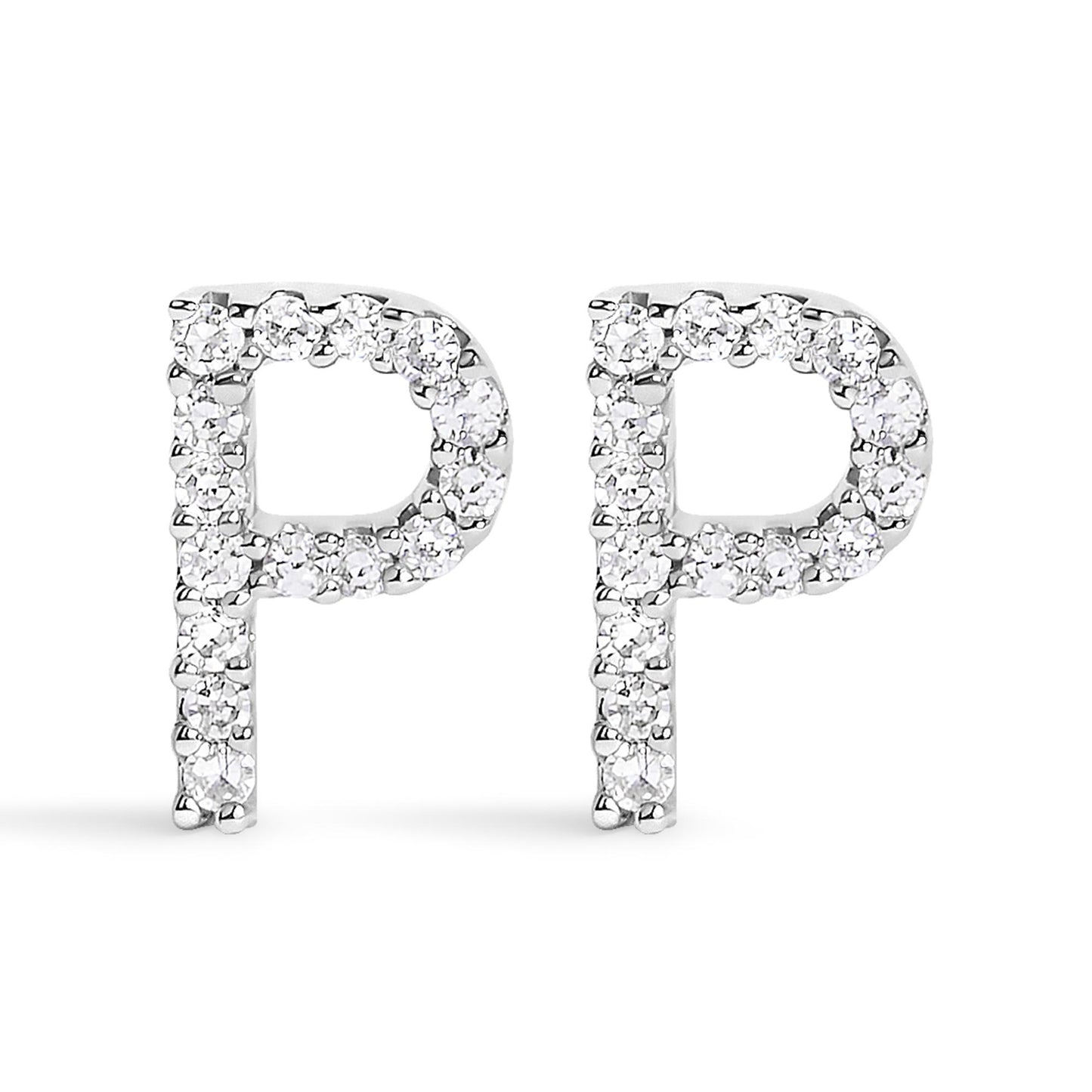 Close-up front view of a pair of white metal earrings shaped like the letter P, each encrusted with round white gemstones in a micro-pave setting.