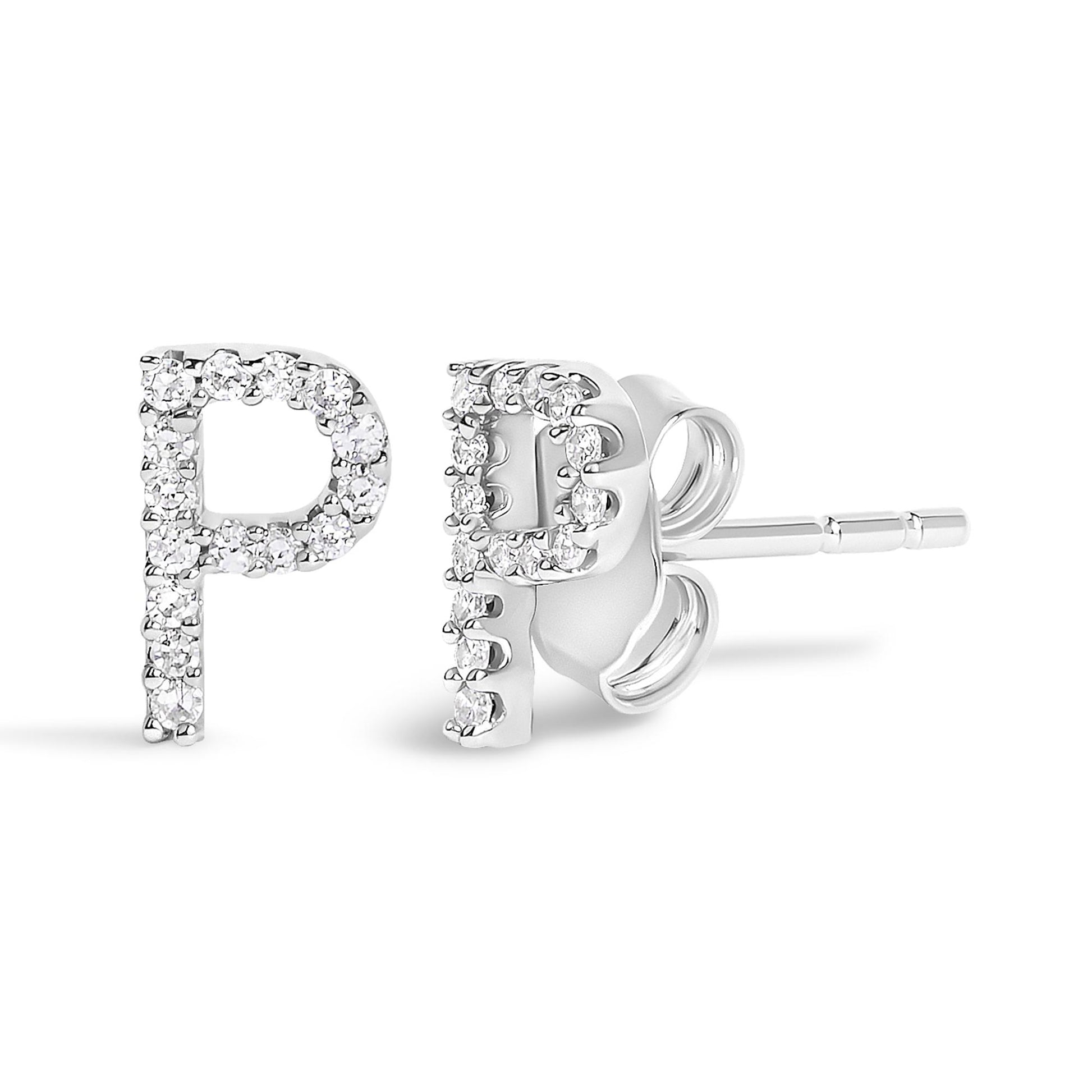 Close-up front and side view of white metal stud earrings shaped as the letter 'P,' adorned with small round white gemstones in a micro-pave setting.