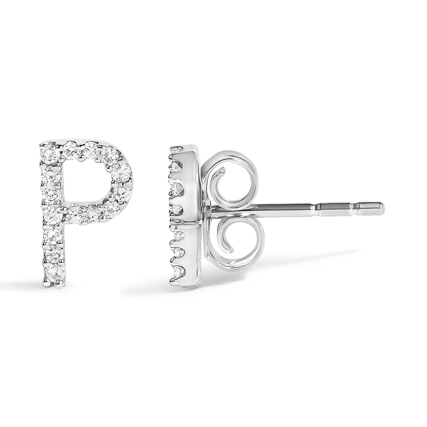 Close-up side and front view of a single white metal stud earring shaped like the letter 'P,' adorned with round white gemstones in a micro-pave setting.