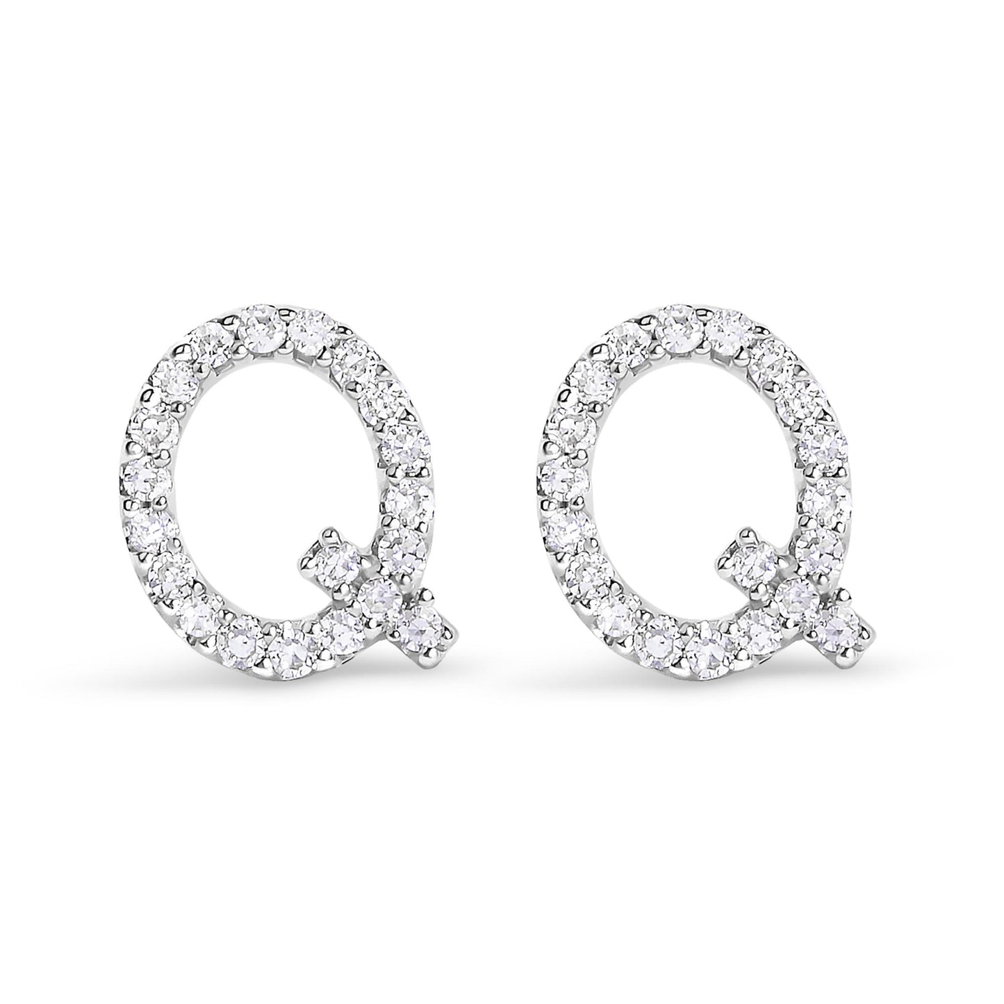Front view of a pair of white metal open circle earrings featuring round white gemstones in a micro-pave setting.