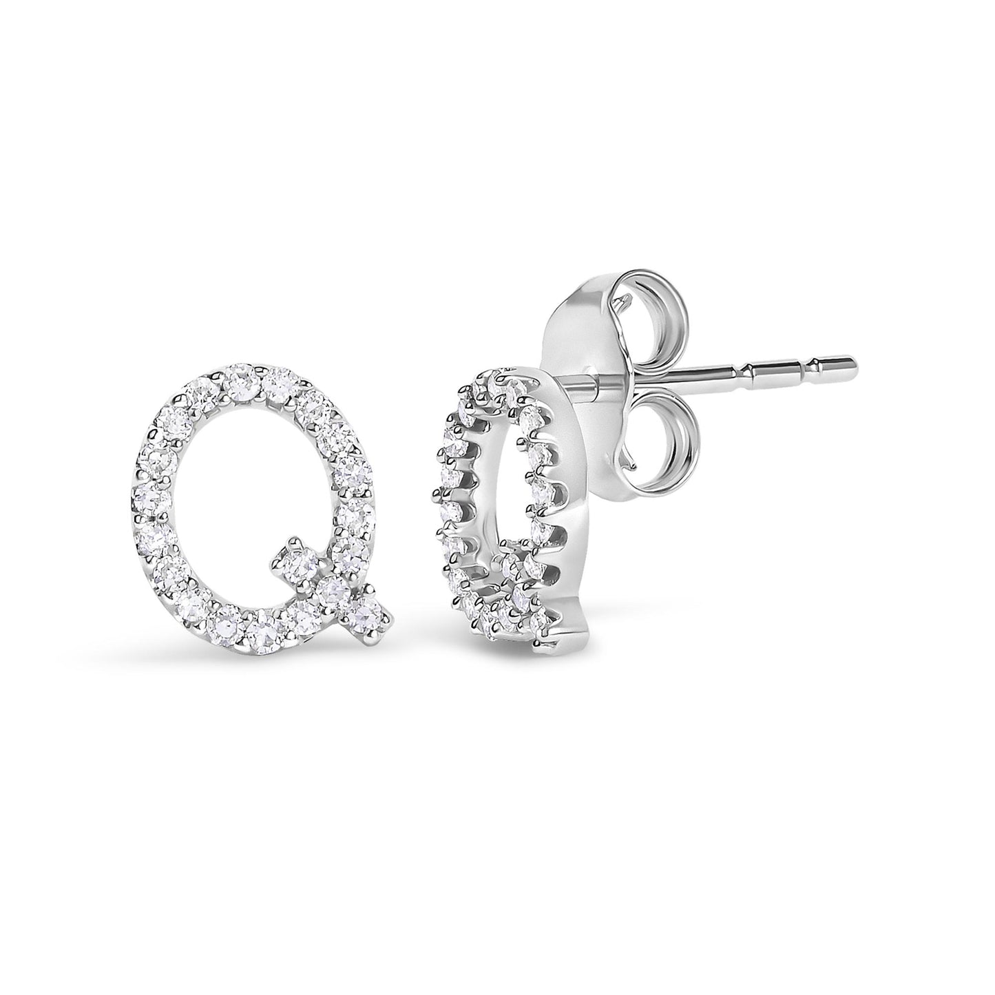 Close-up front and side angle of white metal stud earrings shaped as the letter Q, decorated with round white gemstones in a micro-pave setting.