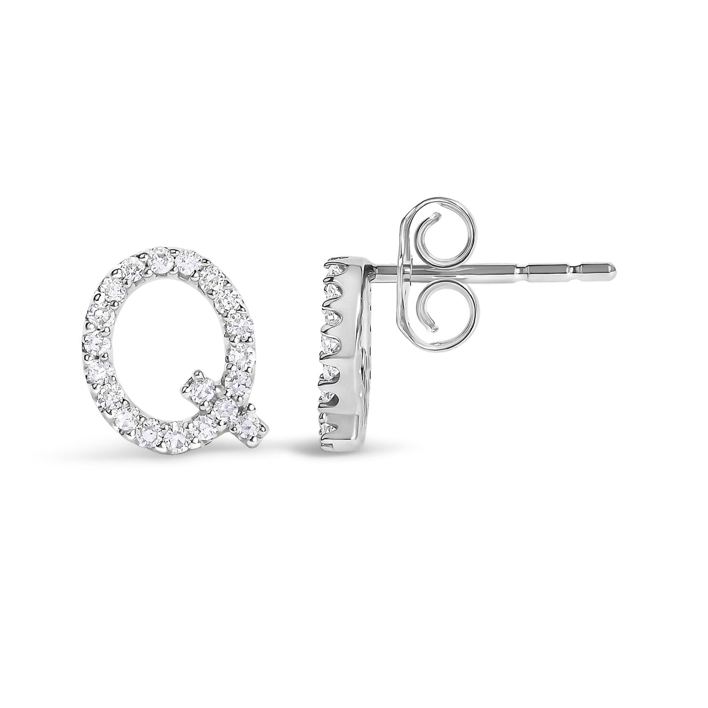 Pair of white earrings shown from front and side angles, designed in an oval shape with round white gemstones set in a micro-pave style.