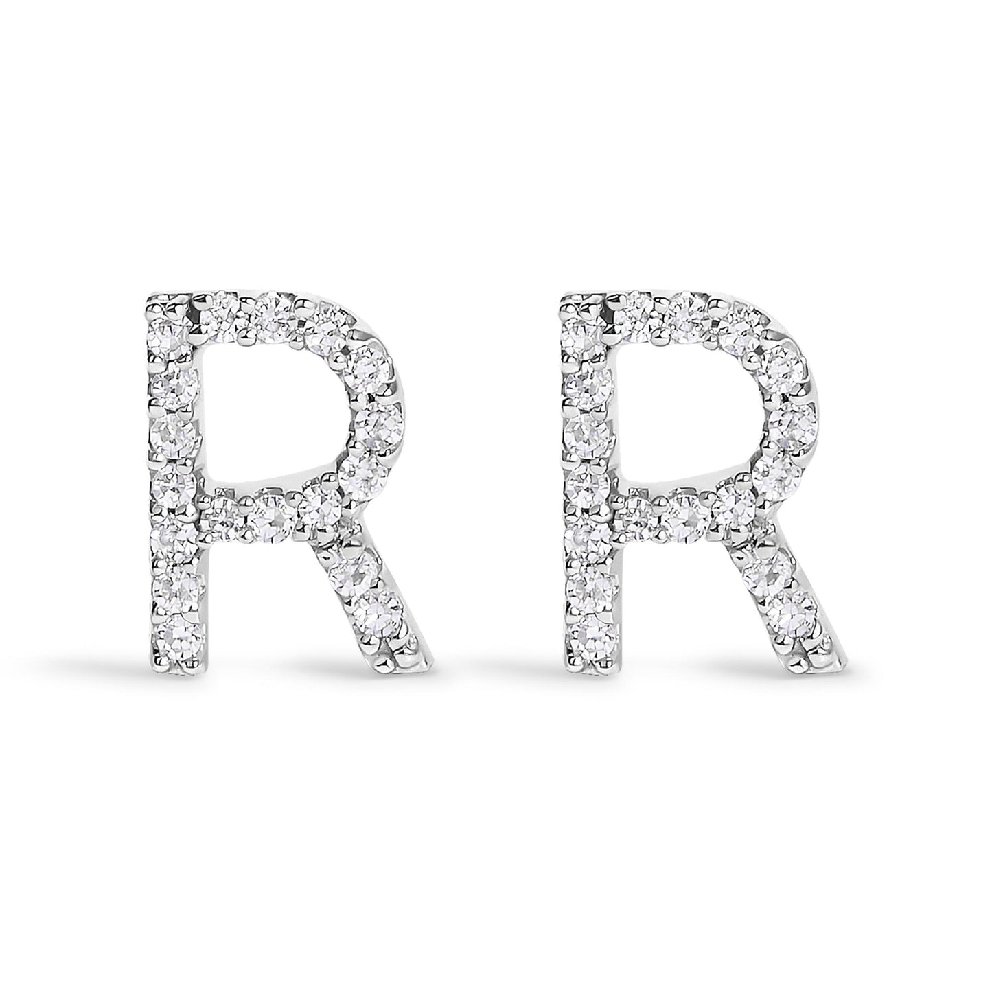 Front view of a pair of white metal earrings in the shape of the letter R, each adorned with round white gemstones in a micro-pave setting.