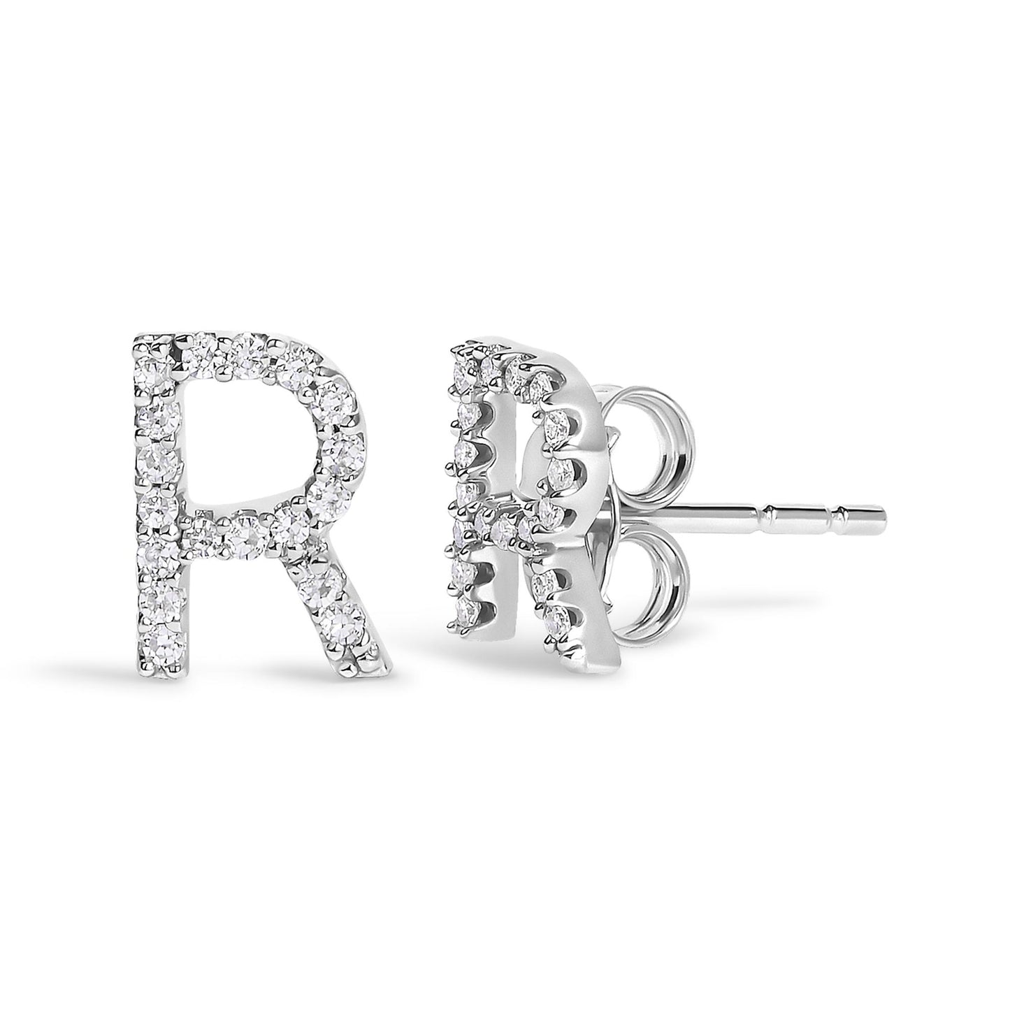 Close-up front and side view of white metal letter R stud earrings with round white gemstones in micro-pave setting.