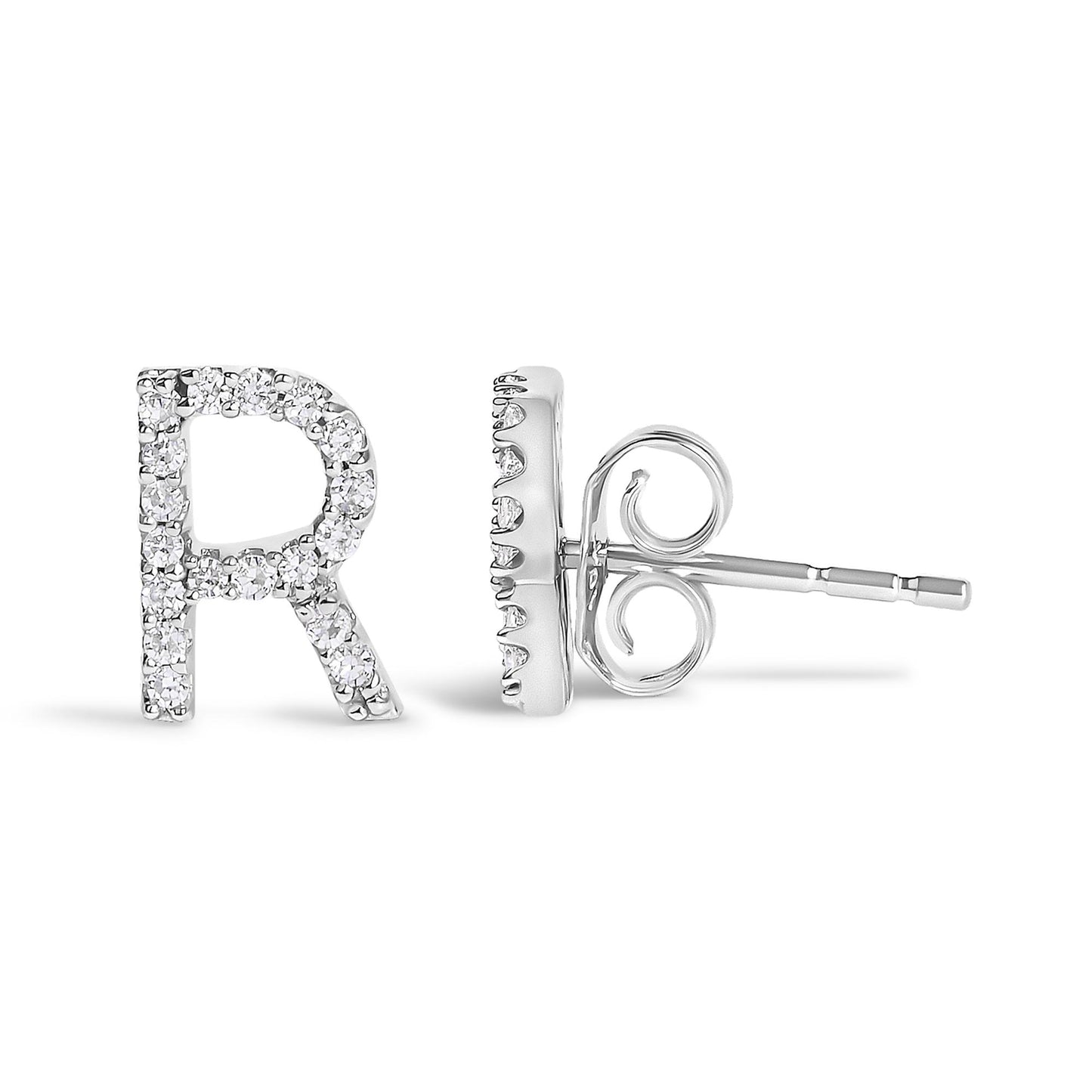 White metal stud earring shaped like the letter R, adorned with round white gemstones in a micro-pave setting, shown in a close-up side and front angle.