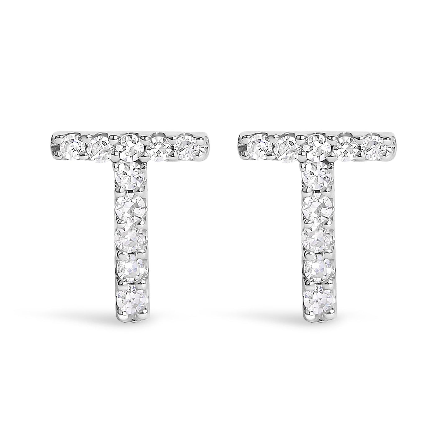 Front-facing close-up of a pair of white metal T-shaped earrings with round white gemstones in a micro-pave setting.