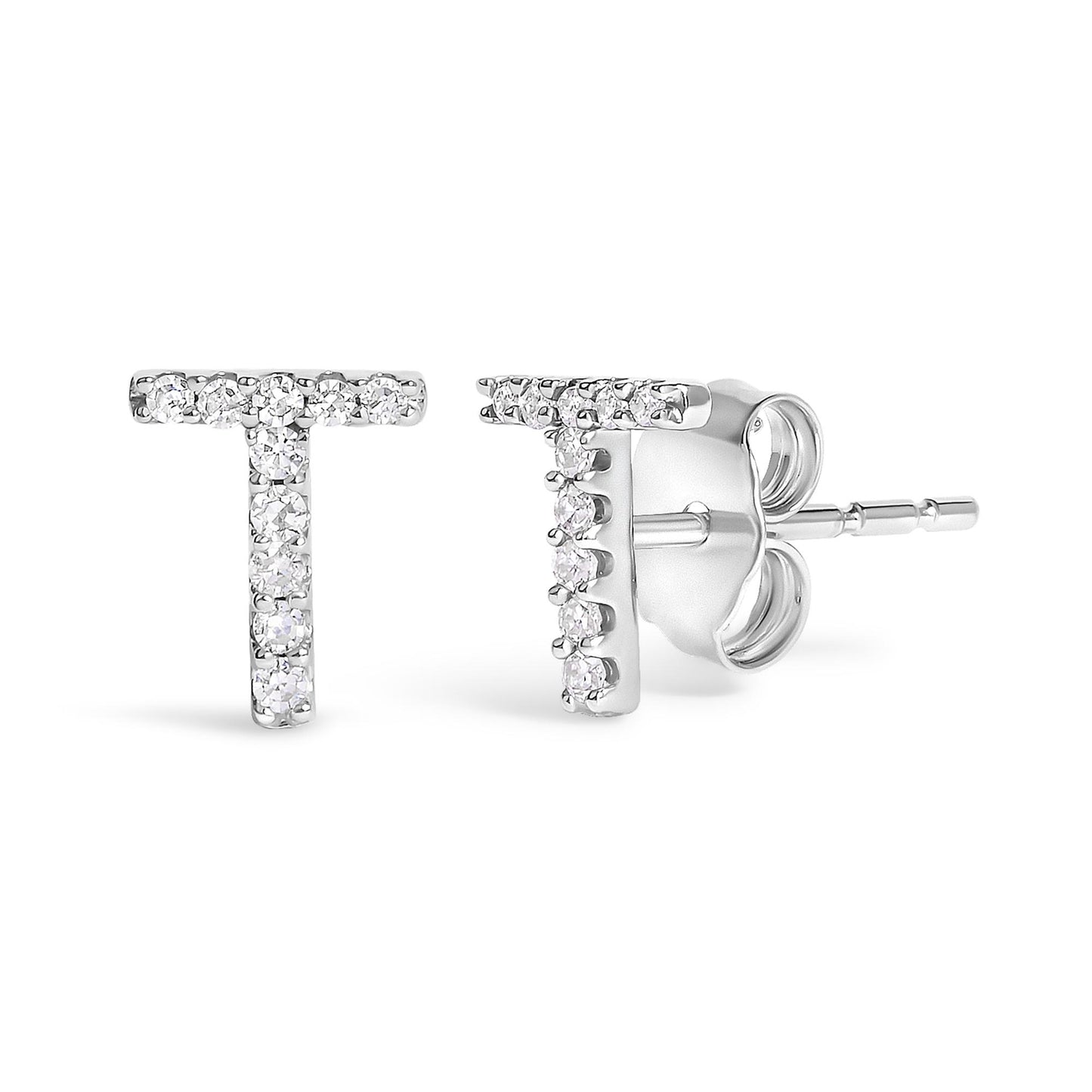 Close-up front and side view of white metal T-shaped earrings with round white gemstones in micro-pave setting.
