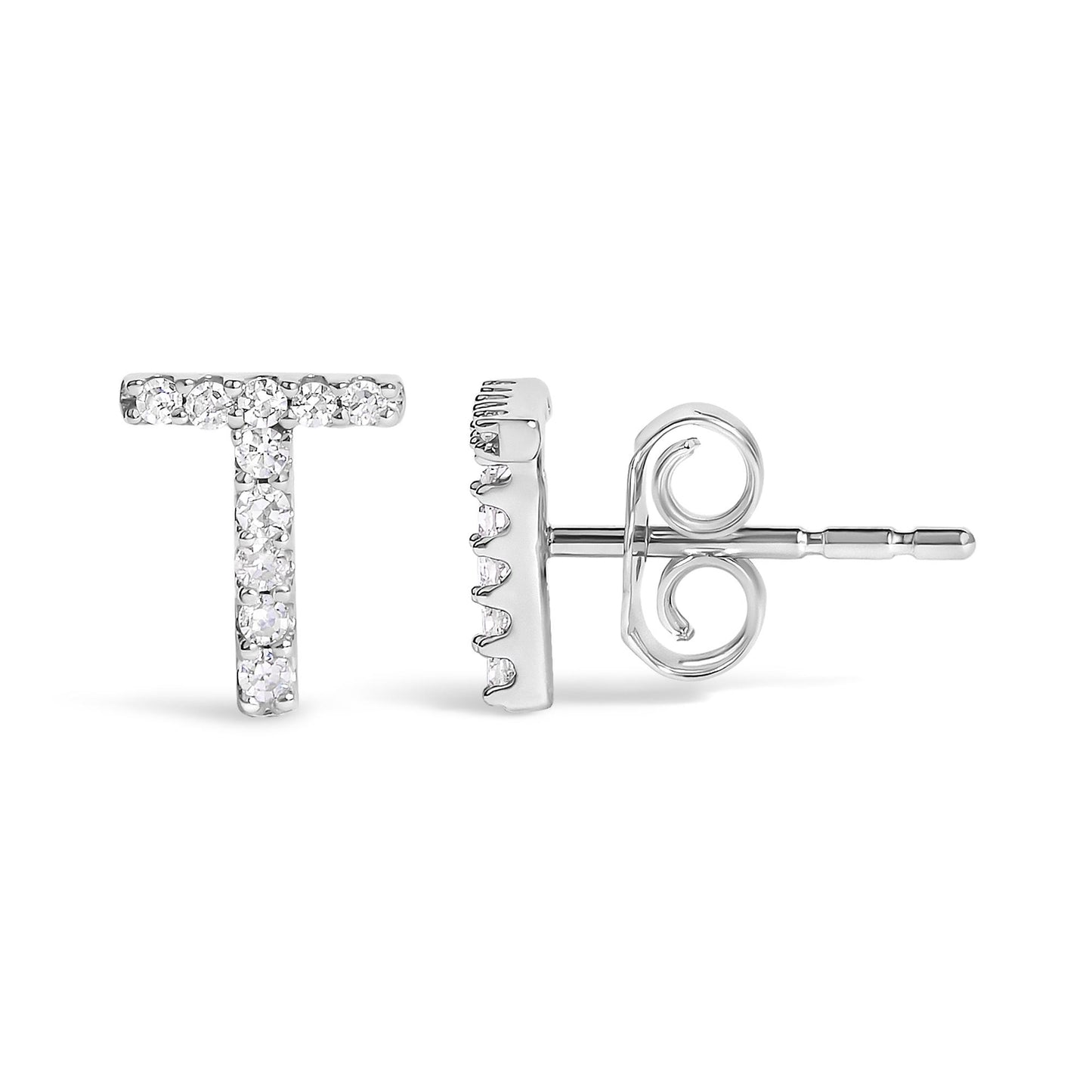 Front and side views of a white metal stud earring shaped like the letter T, featuring round white gemstones in a micro-pave setting.