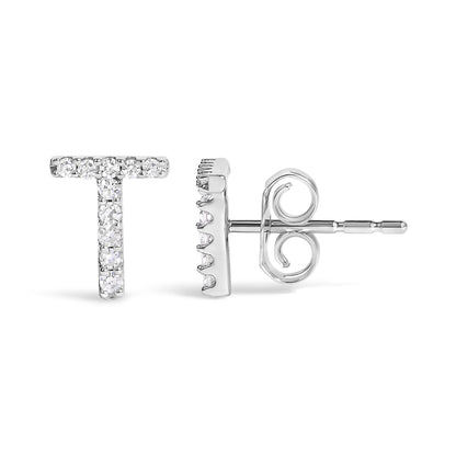 Front and side views of a white metal stud earring shaped like the letter T, featuring round white gemstones in a micro-pave setting.