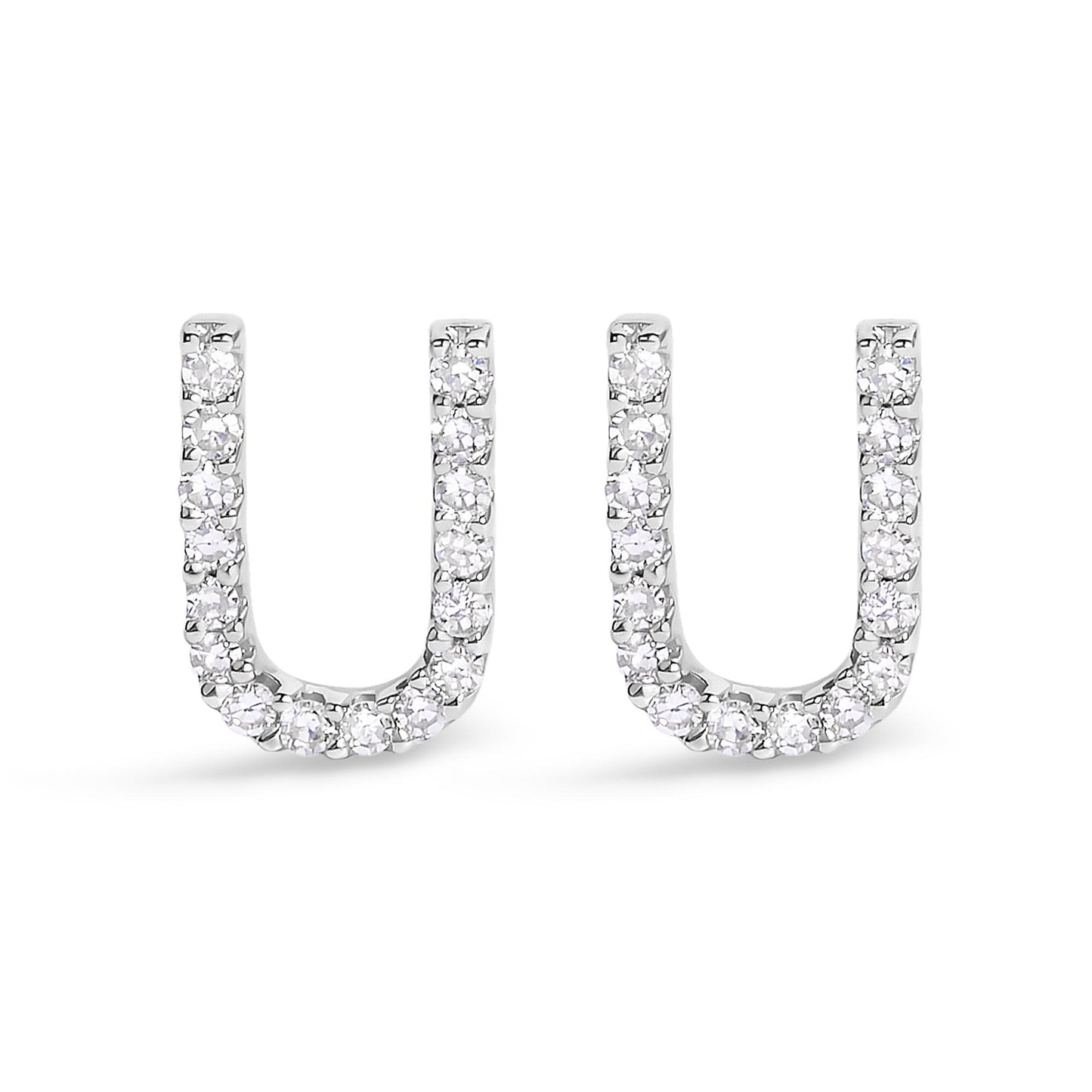 Pair of white metal U-shaped earrings with round white gemstones in a micro-pave setting, shown from the front on a white background.