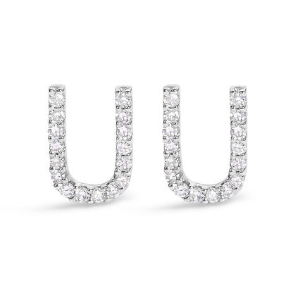Pair of white metal U-shaped earrings with round white gemstones in a micro-pave setting, shown from the front on a white background.