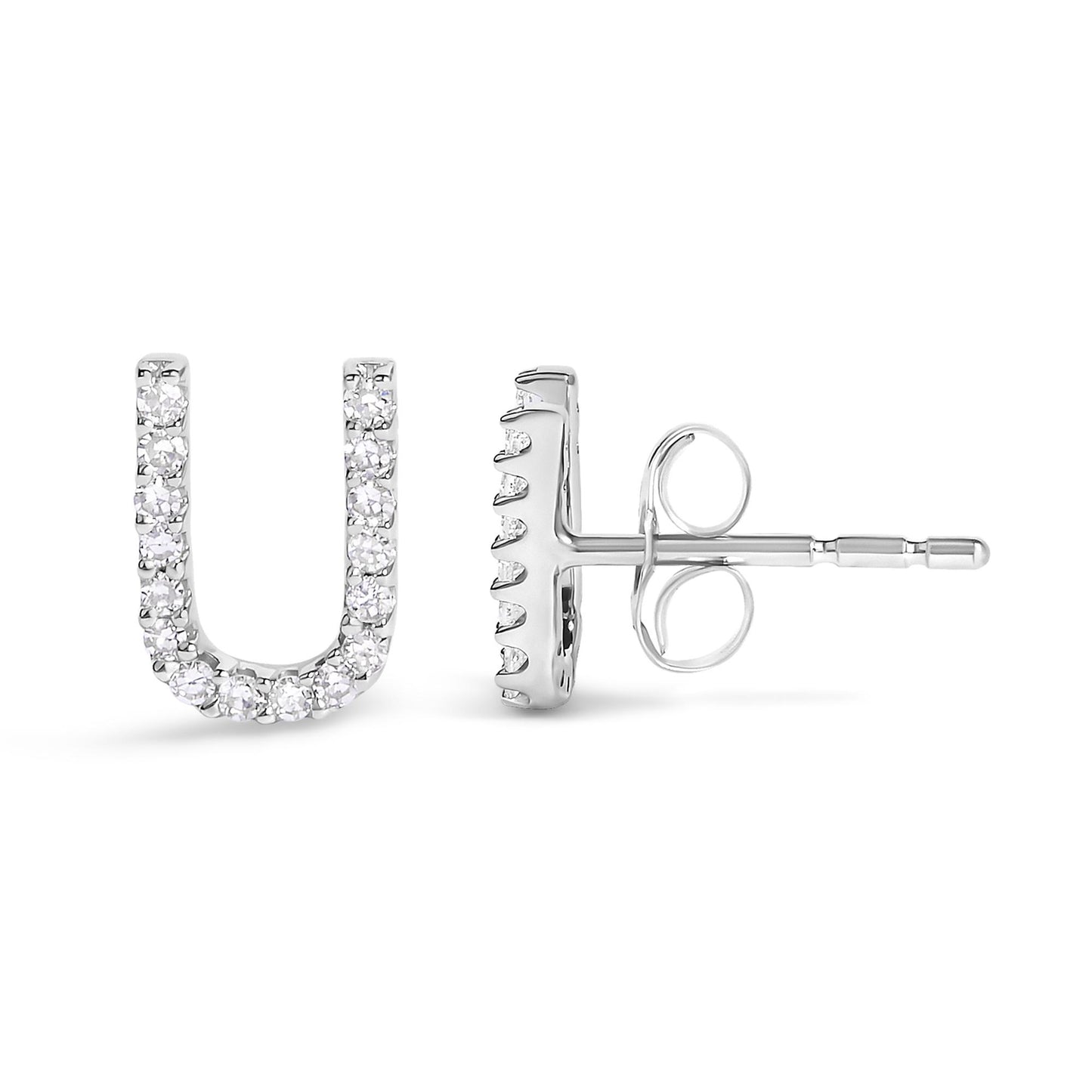 White metal U-shaped stud earrings with round white gemstones in micro-pave setting, shown from front and side angles on a white background.
