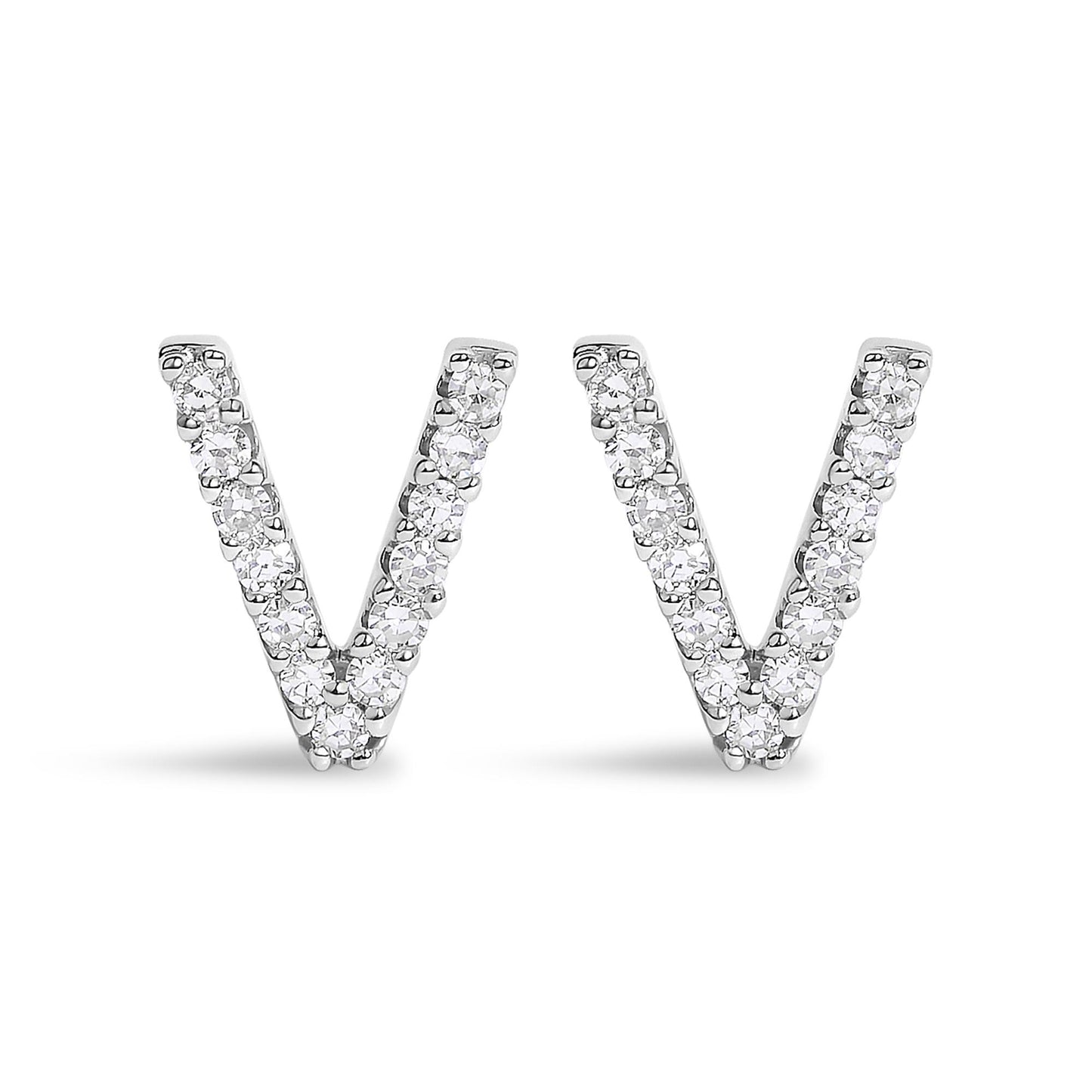 Pair of white metal V-shaped earrings with round white gemstones in a micro-pave setting, front view on a white background.