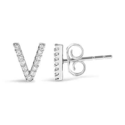 Close-up front and side view of a white metal V-shaped stud earring with small white gemstones in a micro-pave setting, shown on a white background.