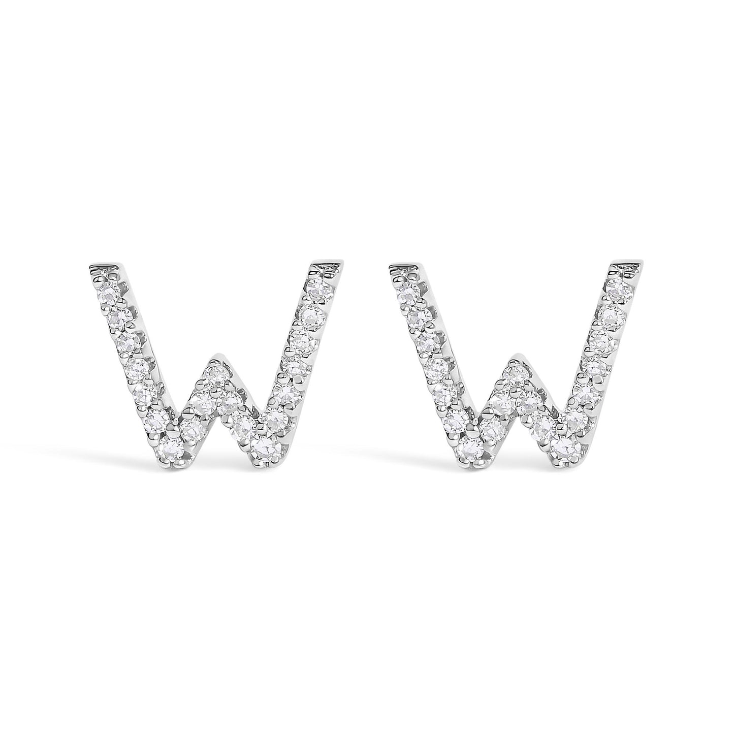 Front view of a pair of white metal earrings shaped like the letter W, adorned with round white gemstones in a micro-pave setting.