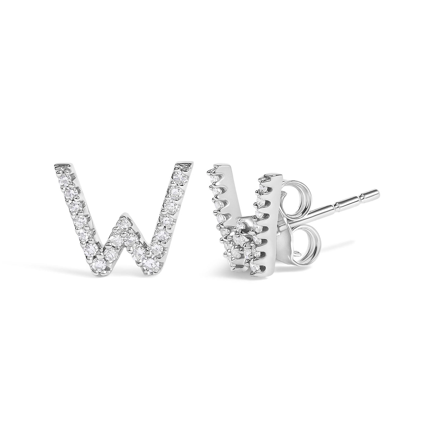 Pair of white metal earrings shaped like the letter W, set with small round white gemstones in a micro-pave setting, shown from a slightly angled front and side view on a white background.