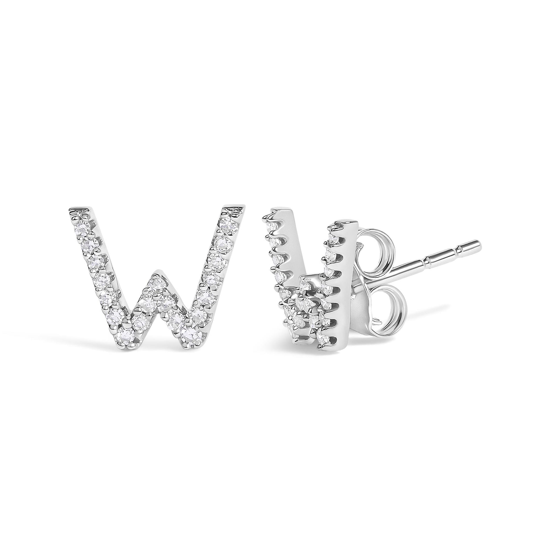 Pair of white metal earrings shaped like the letter W, set with small round white gemstones in a micro-pave setting, shown from a slightly angled front and side view on a white background.