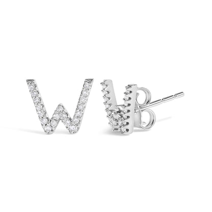 Pair of white metal earrings shaped like the letter W, set with small round white gemstones in a micro-pave setting, shown from a slightly angled front and side view on a white background.