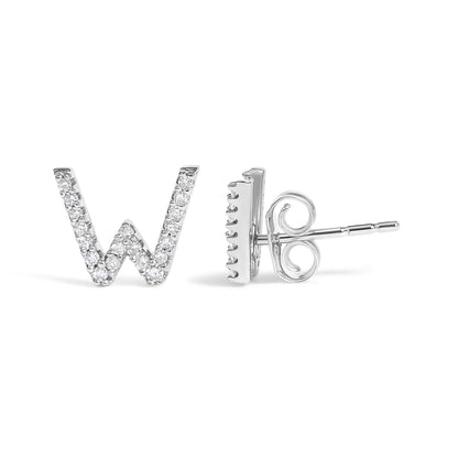 Front and side views of a white metal stud earring shaped like the letter W, set with round white gemstones in a micro-pave setting, shown on a white background from a straight-on angle.