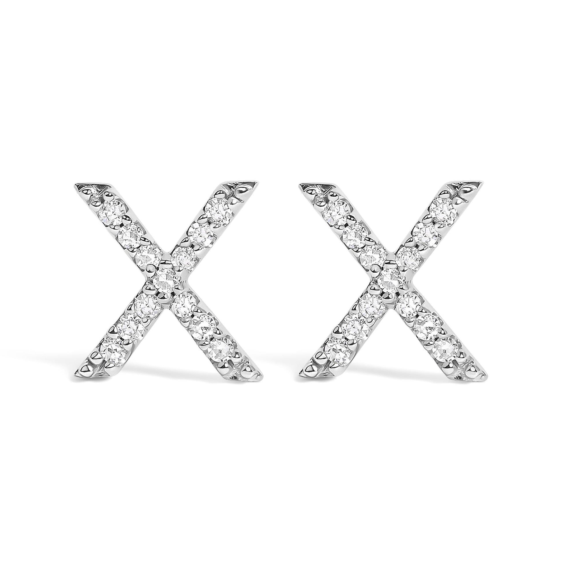 Pair of white metal X-shaped stud earrings with round white gemstones in micro-pave setting, shown in a front-facing view on a white background.