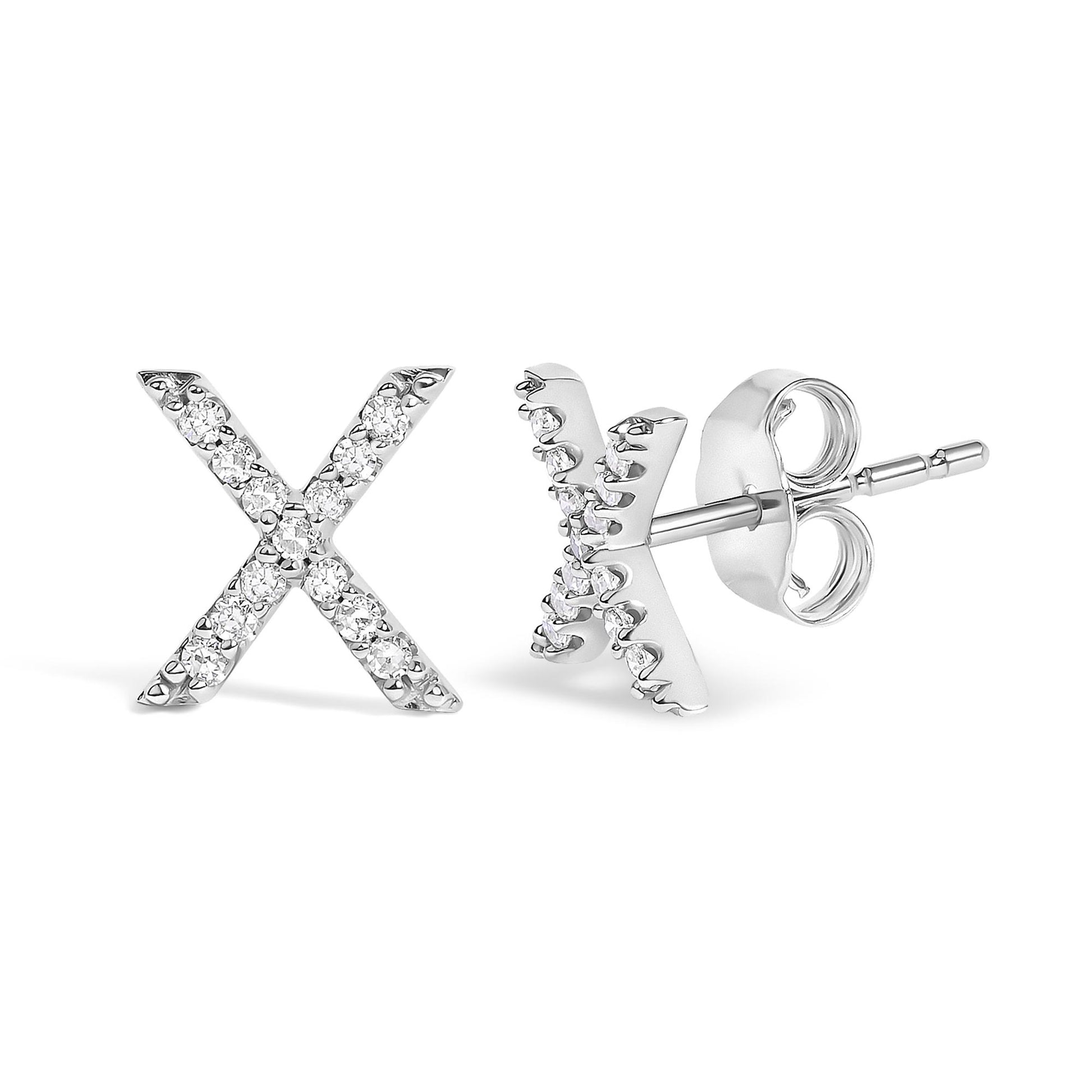 Close-up front and side view of a pair of white metal earrings shaped like the letter X, featuring round white gemstones in a micro-pave setting.