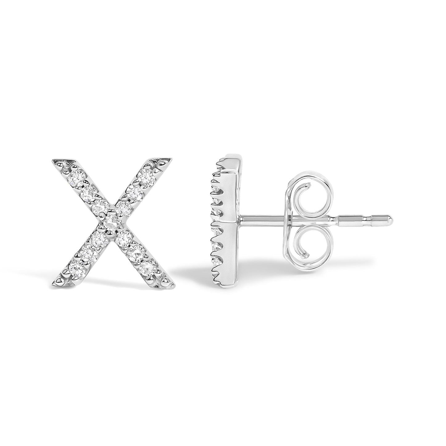 Close-up front and side view of white metal earrings shaped like the letter X, adorned with white round gemstones in a micro-pave setting.