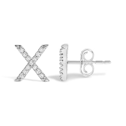 Close-up front and side view of white metal earrings shaped like the letter X, adorned with white round gemstones in a micro-pave setting.