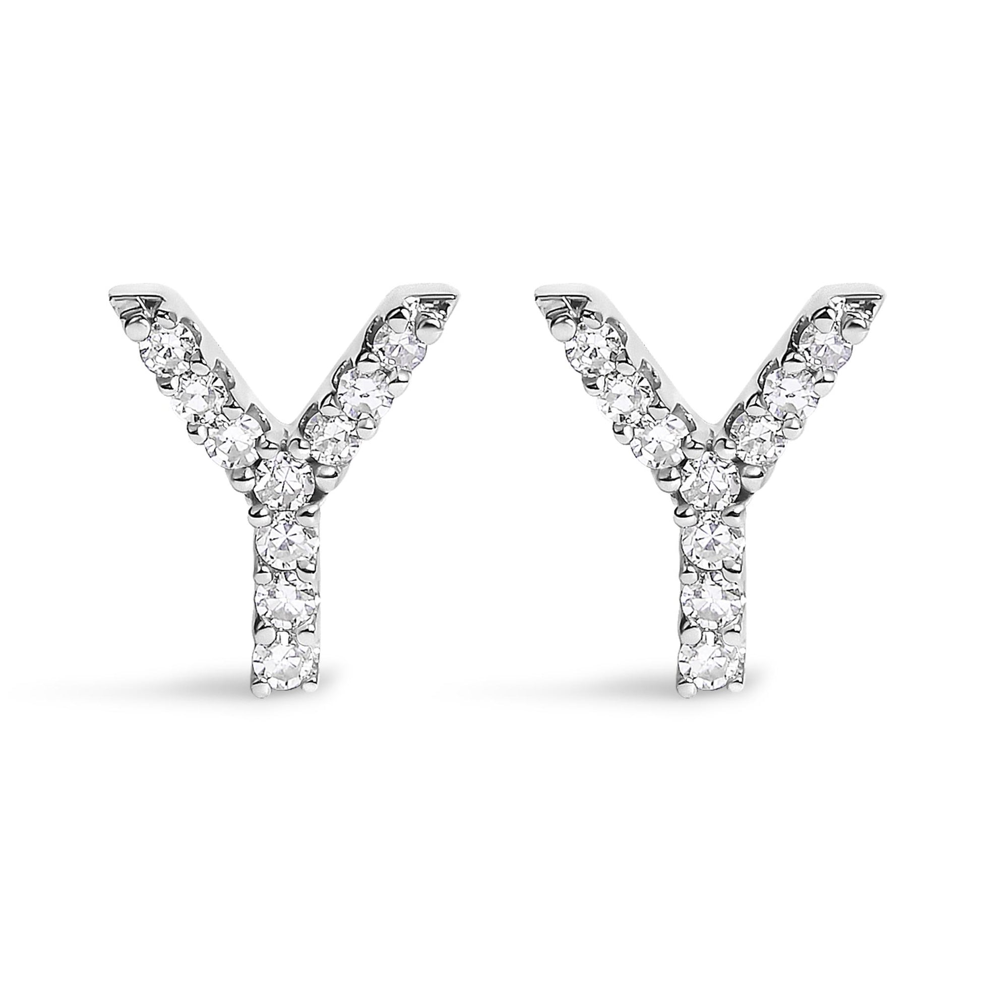 Pair of white metal earrings shaped like the letter Y, each adorned with round white gemstones in a micro-pave setting, shown from the front on a white background.