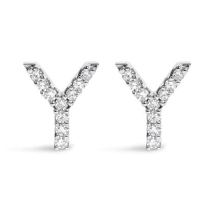 Pair of white metal earrings shaped like the letter Y, each adorned with round white gemstones in a micro-pave setting, shown from the front on a white background.