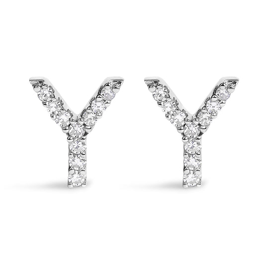 Pair of white metal earrings shaped like the letter Y, each adorned with round white gemstones in a micro-pave setting, shown from the front on a white background.