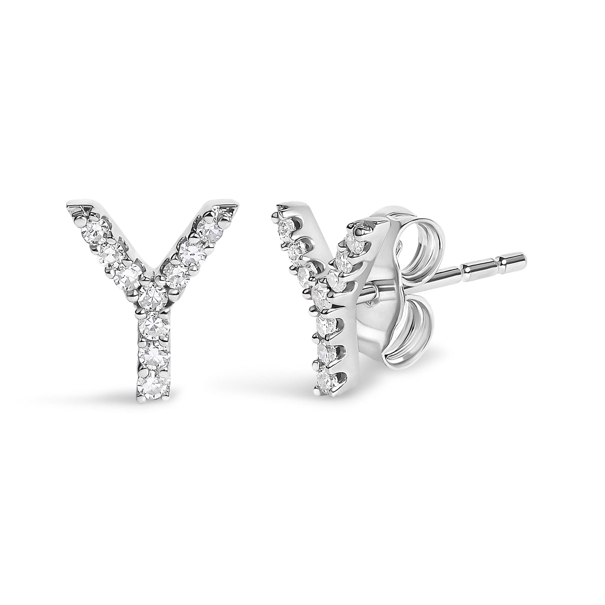 Close-up front and side angled view of white metal stud earrings shaped like the letter Y, featuring multiple round white gemstones in a micro-pave setting.