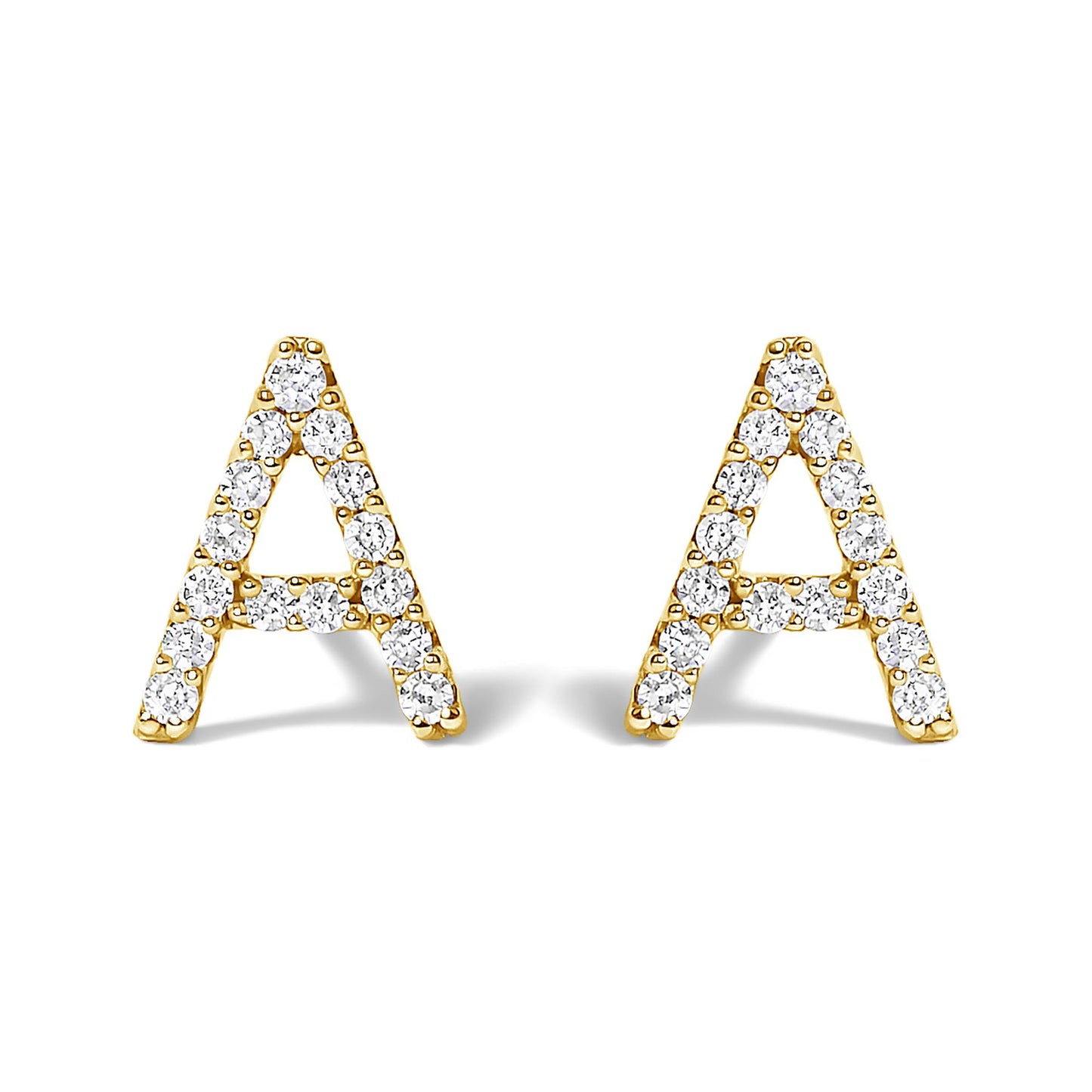 Front view of a pair of yellow metal earrings shaped as the letter A, each decorated with multiple round white gemstones in a micro-pave setting.