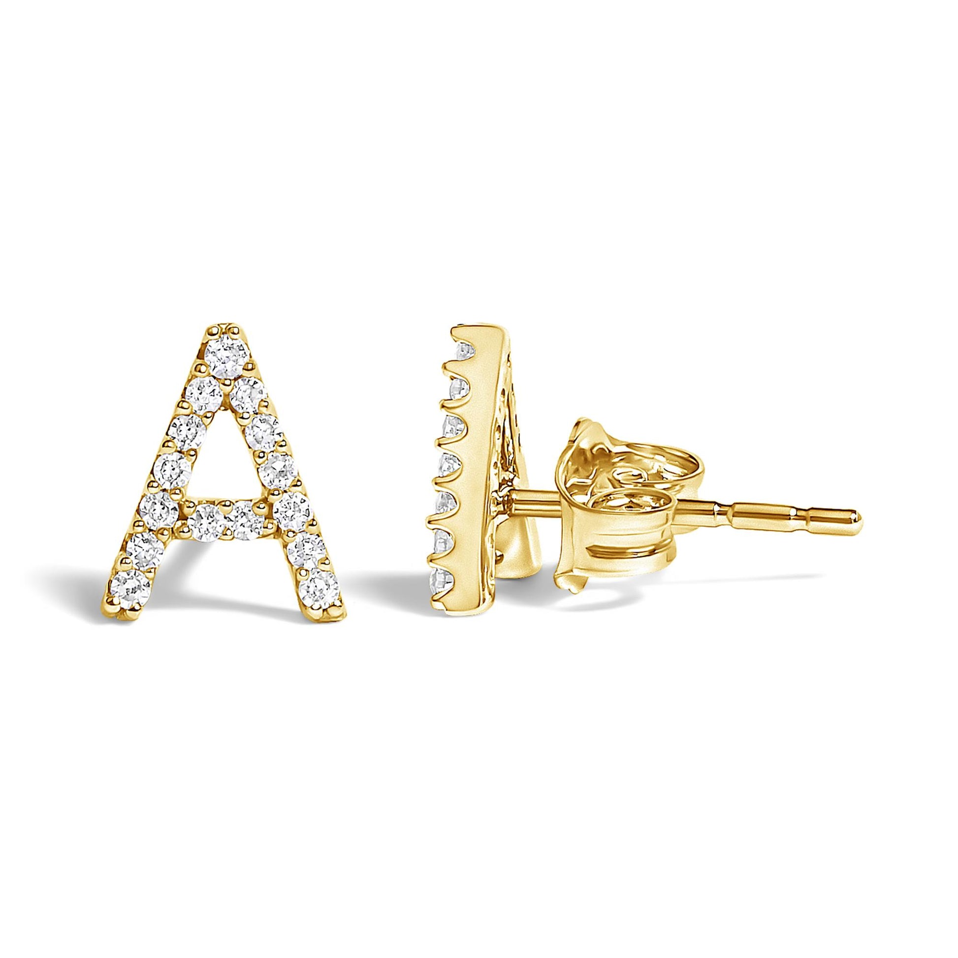 Close-up front and side view of a yellow metal letter A stud earring with white round gemstones in micro-pave setting.