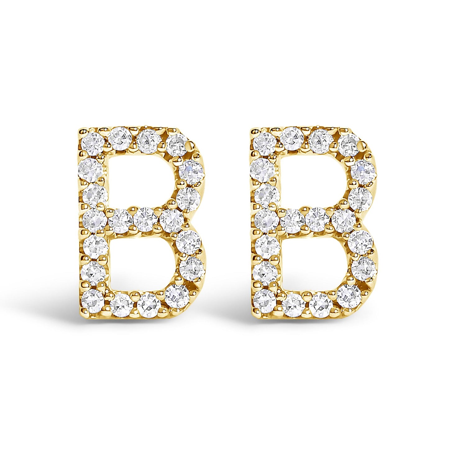 Front view of yellow metal letter B-shaped stud earrings adorned with round white gemstones in a micro-pave setting.