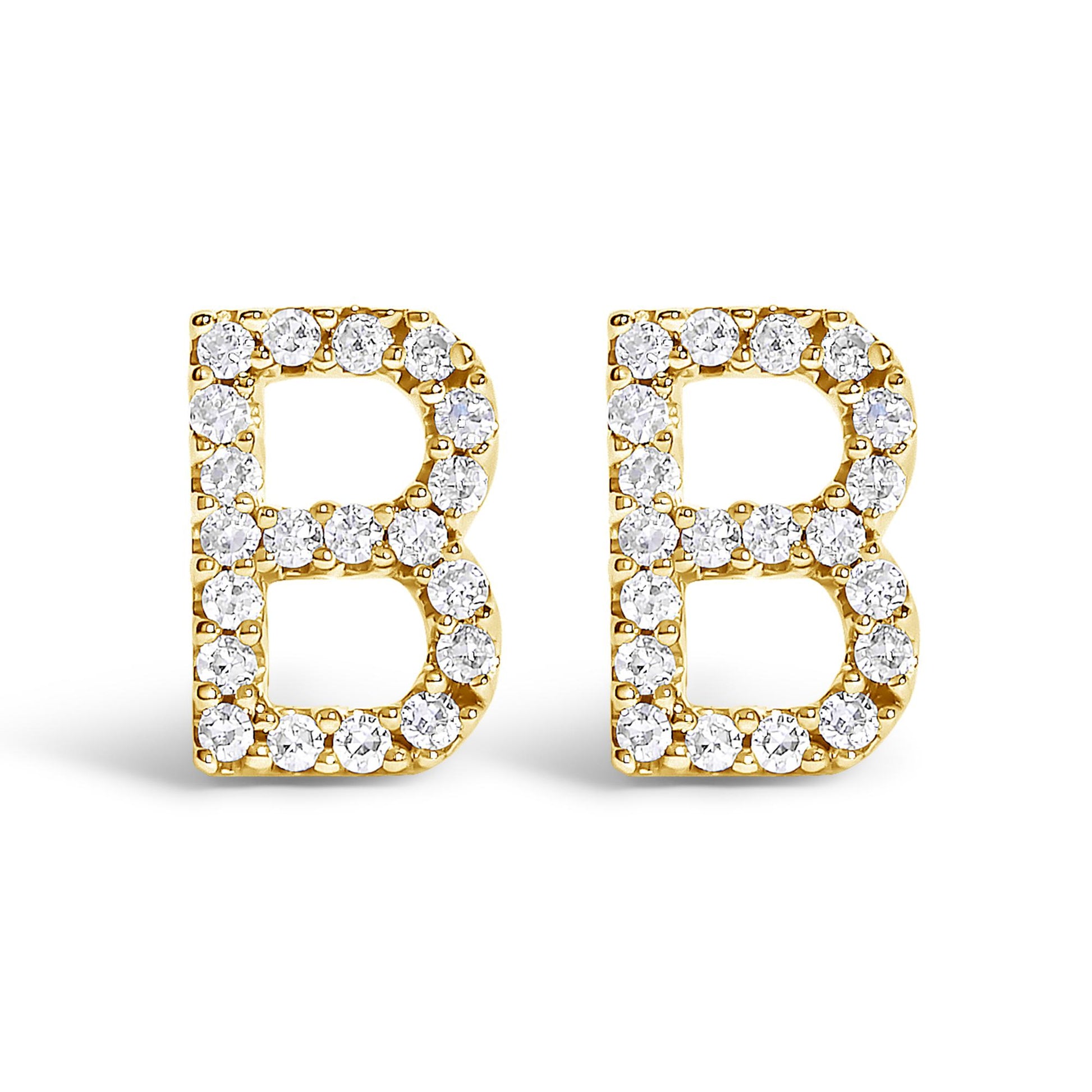 Front view of yellow metal letter B-shaped stud earrings adorned with round white gemstones in a micro-pave setting.