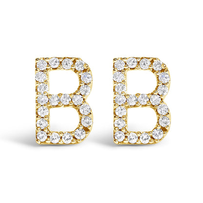 Front view of yellow metal letter B-shaped stud earrings adorned with round white gemstones in a micro-pave setting.