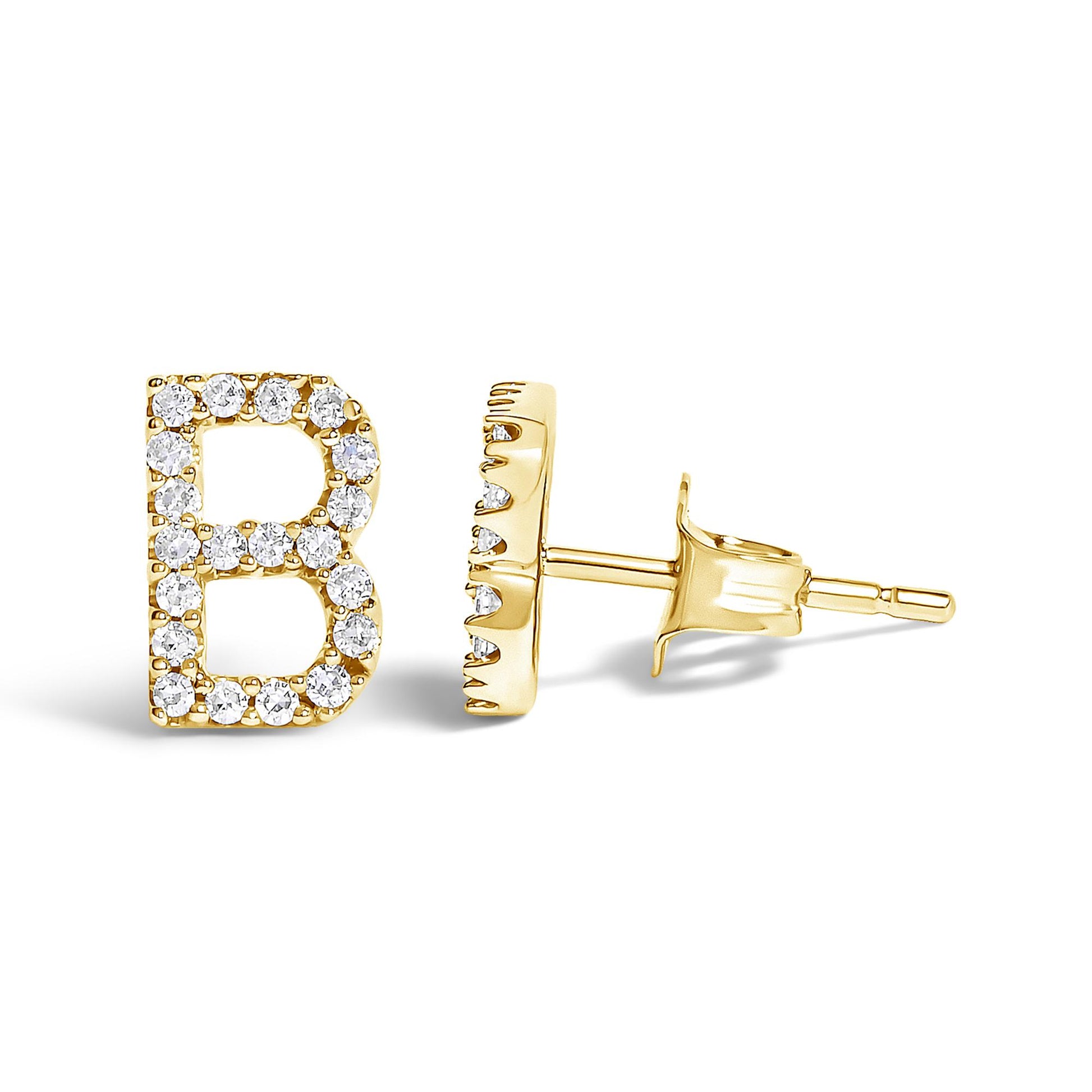 Pair of yellow metal stud earrings shaped like the letter B, set with round white gemstones in a micro-pave setting, shown from front and side angles on a white background.