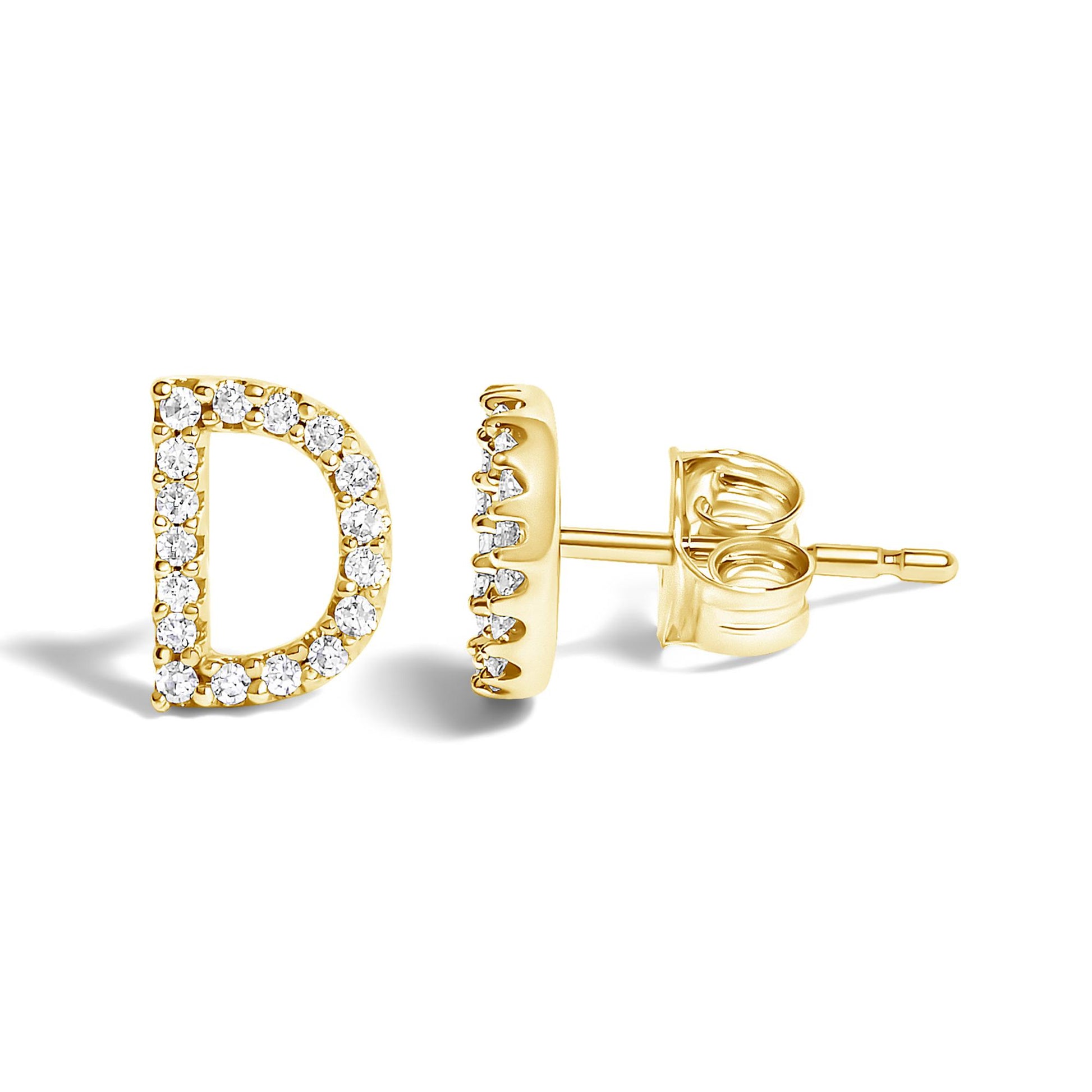 Close-up front and side view of a yellow metal stud earring shaped like the letter D, featuring round white gemstones in a micro-pave setting.