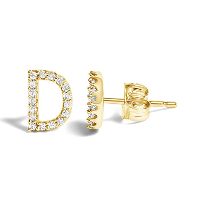 Close-up front and side view of a yellow metal stud earring shaped like the letter D, featuring round white gemstones in a micro-pave setting.